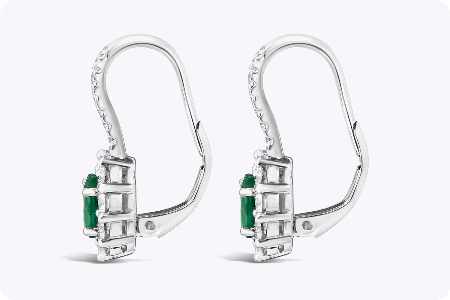 0.78 Carat Oval Cut Emerald and Diamond Halo Lever-Back Earrings