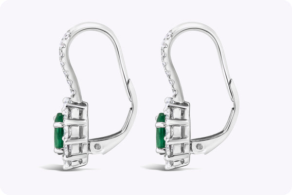 0.78 Carat Oval Cut Emerald and Diamond Halo Lever-Back Earrings