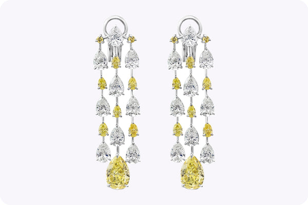 GIA Certified 15.69 Carats Total Pear Shape Yellow & White Diamond Chandelier Earrings in White Gold & Platinum