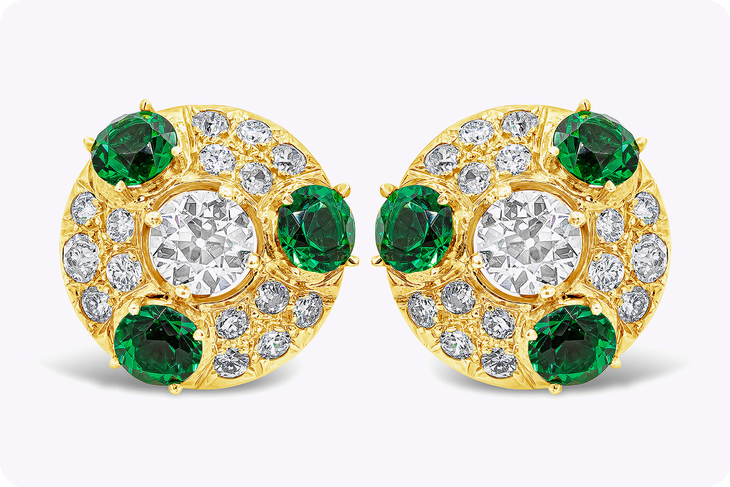 1.80 Carats Total Old European Cut Diamonds with Imitation Emeralds Clip-On Stud Earrings in Yellow Gold