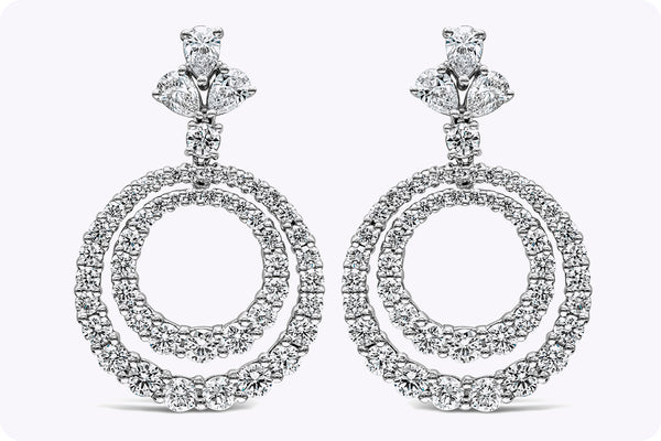 9.95 Carats Total Brilliant Round & Pear Shaped Diamond Dangle Earrings in White Gold