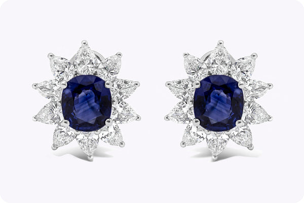 4.43 Carats Cushion Cut Blue Sapphire Halo Omega Clip Studs Earrings in White Gold