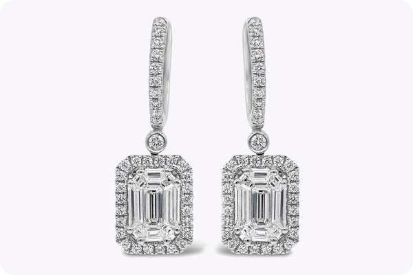 1.22 Carats Total Mixed-Cut Diamond Illusion Halo Dangle Earrings in White Gold