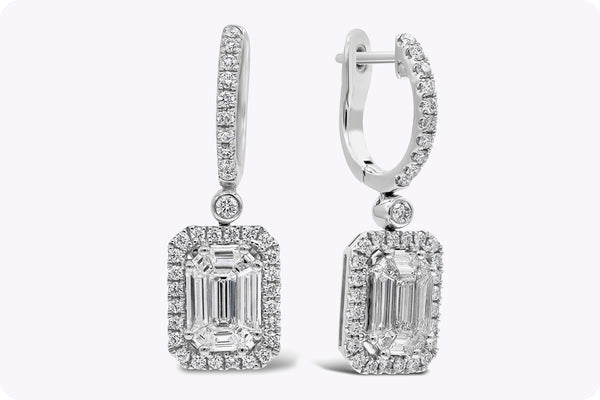 1.22 Carats Total Mixed-Cut Diamond Illusion Halo Dangle Earrings in White Gold