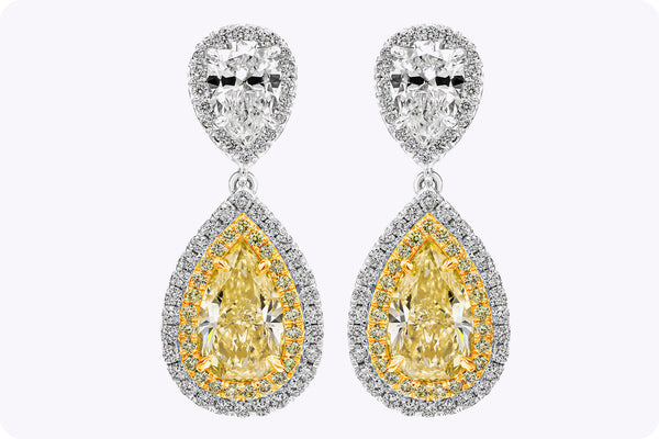 GIA Certified 4.19 Carats Total Yellow Diamond Double Halo Dangle Earrings in Yellow Gold & Platinum