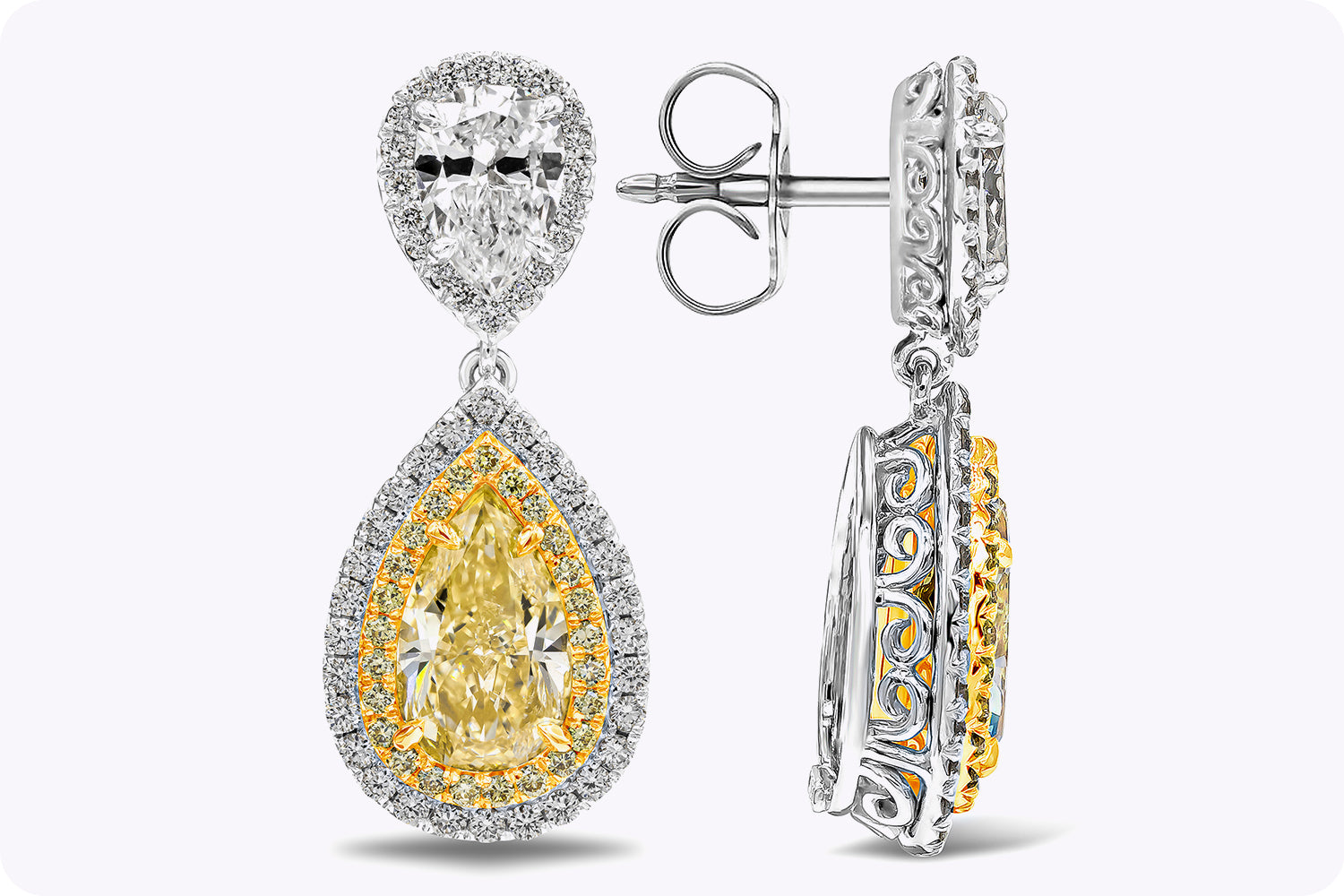 GIA Certified 4.19 Carats Total Yellow Diamond Double Halo Dangle Earrings in Yellow Gold & Platinum