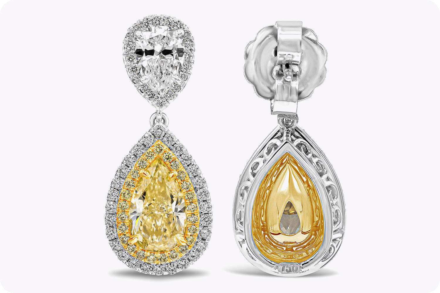 GIA Certified 4.19 Carats Total Yellow Diamond Double Halo Dangle Earrings in Yellow Gold & Platinum