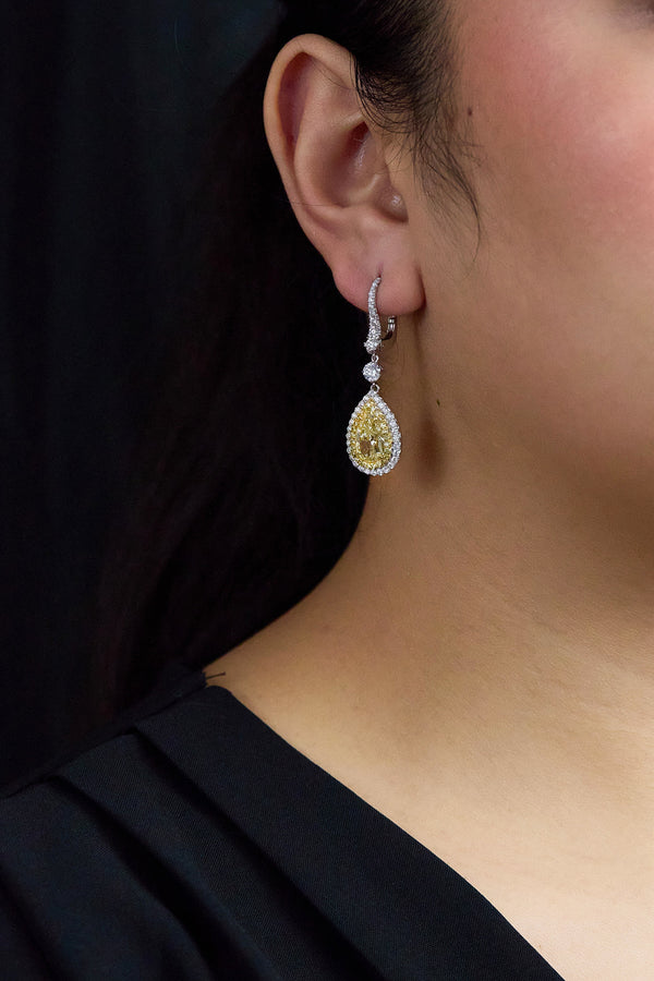 GIA Certified 4.19 Carats Total Pear Shape Yellow Diamond Double Halo Dangle Earrings in Yellow Gold & Platinum