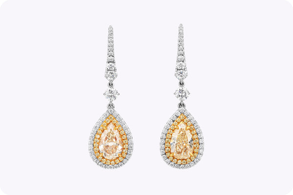 GIA Certified 4.19 Carats Total Pear Shape Yellow Diamond Double Halo Dangle Earrings in Yellow Gold & Platinum
