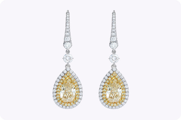 GIA Certified 4.19 Carats Total Pear Shape Yellow Diamond Double Halo Dangle Earrings in Yellow Gold & Platinum
