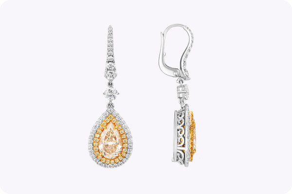 GIA Certified 4.19 Carats Total Pear Shape Yellow Diamond Double Halo Dangle Earrings in Yellow Gold & Platinum