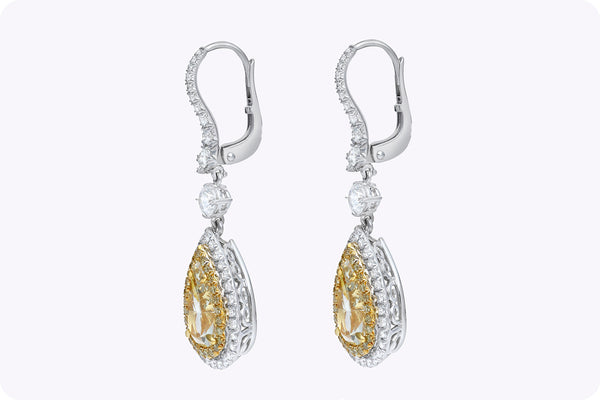 GIA Certified 4.19 Carats Total Pear Shape Yellow Diamond Double Halo Dangle Earrings in Yellow Gold & Platinum