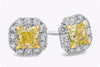 GIA Certified 1.45 Carats Total Radiant Cut Fancy Yellow Diamond Halo Stud Earrings in White Gold and Yellow Gold