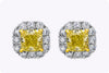 GIA Certified 1.02 Carats Total Radiant Cut Fancy Intense Yellow Diamond Halo Stud Earrings in White Gold and Yellow Gold