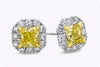 GIA Certified 1.02 Carats Total Radiant Cut Fancy Intense Yellow Diamond Halo Stud Earrings in White Gold and Yellow Gold