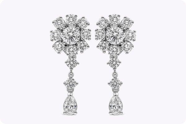 GIA Certified 5.96 carats Total Brilliant Round and Pear Shape Diamond Cluster Dangle Earrings in Platinum