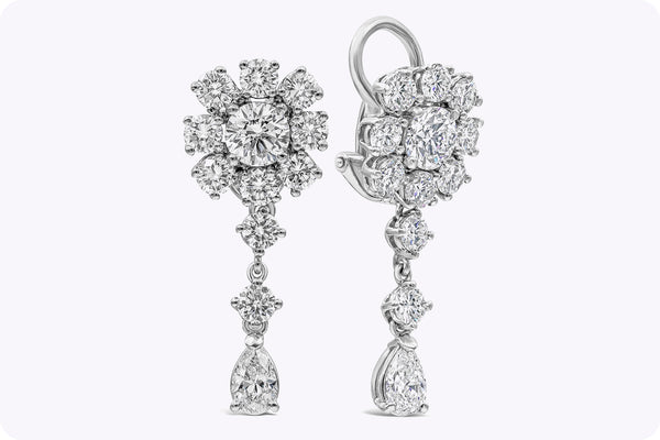 GIA Certified 5.96 carats Total Brilliant Round and Pear Shape Diamond Cluster Dangle Earrings in Platinum