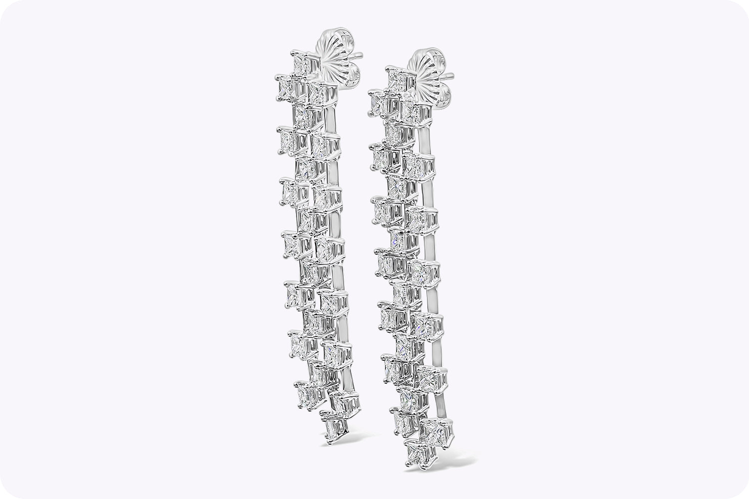 10.79 Carats Total Princess Cut Diamond Three-Row Waterfall Drop Earrings in White Gold