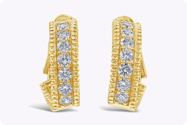 3.13 Carats Total Brilliant Round Shape Diamond Curved Hoop Earrings in Yellow Gold