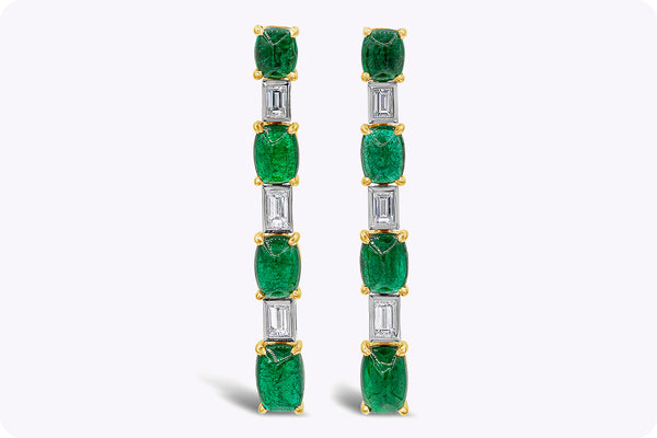 10.26 Carats Mixed Cut Cabochon Green Emerald and Diamond Drop Earrings in Yellow Gold and Platinum