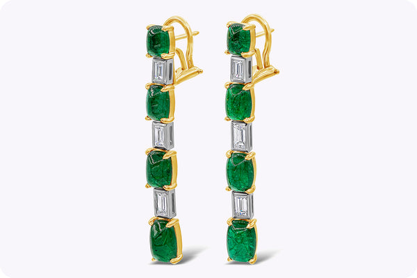 10.26 Carats Mixed Cut Cabochon Green Emerald and Diamond Drop Earrings in Yellow Gold and Platinum