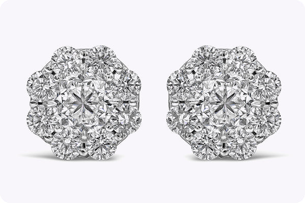 GIA Certified 2.00 Carats Total Round Brilliant Diamond Cluster Stud Earrings in White Gold