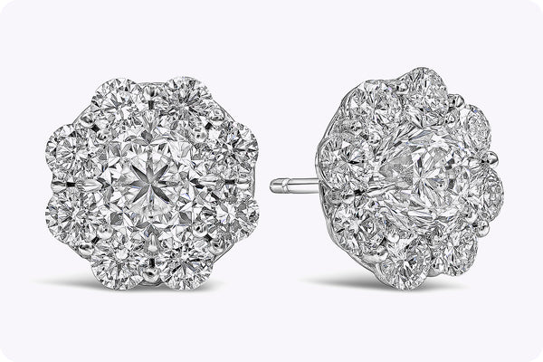 GIA Certified 2.00 Carats Total Round Brilliant Diamond Cluster Stud Earrings in White Gold