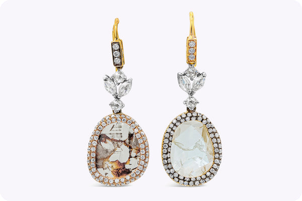 5.27 Carats Total Sliced Diamond Dangle Earrings in White, Yellow and Rose Gold