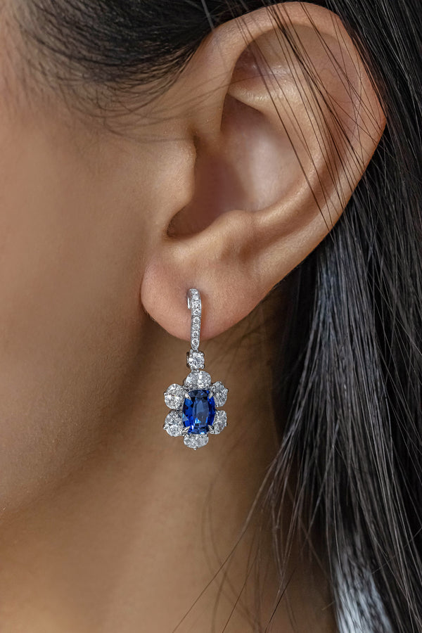 3.30 Carats Cushion Cut Sapphire Drop Earrings with Diamonds in White Gold