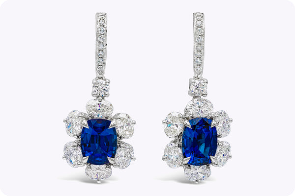 3.30 Carats Cushion Cut Sapphire Drop Earrings with Diamonds in White Gold