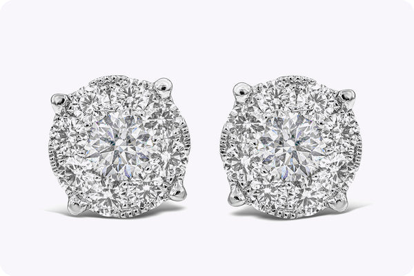 2.24 Carat Total Round Diamond Cluster Illusion Stud Earrings in White Gold