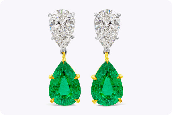 6.30 Carats Total Pear Shape Green Emerald and Diamonds Drop Earrings in Yellow Gold and Platinum