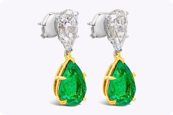 6.30 Carats Total Pear Shape Green Emerald and Diamonds Drop Earrings in Yellow Gold and Platinum