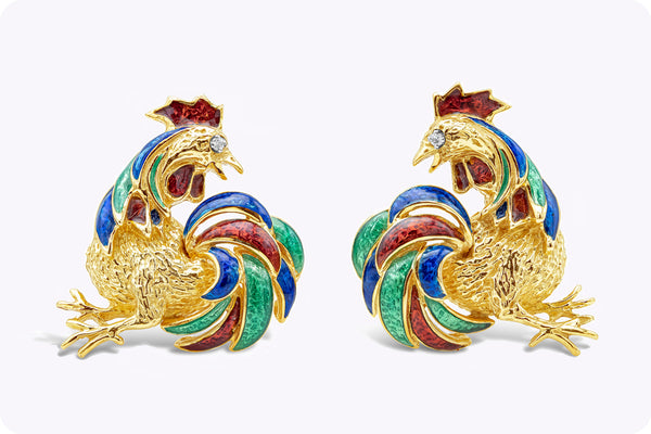 Diamond and  Rooster Enamel Yellow Gold Earrings