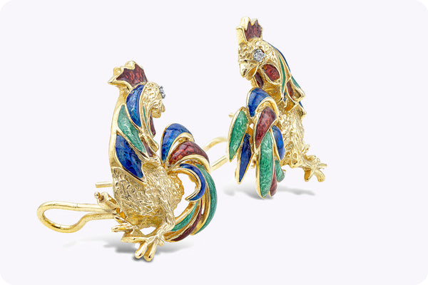 Diamond and  Rooster Enamel Yellow Gold Earrings