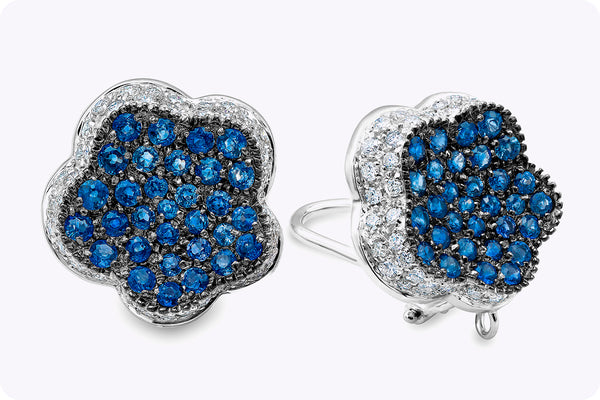 4.35 Carats Total Micro-Pave Set Blue Sapphire and Diamond Flower Earrings in White Gold