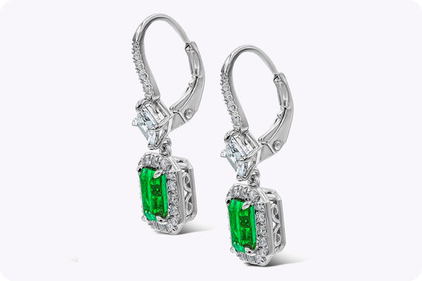 1.37 Carats Total Colombian Emerald Halo Dangle Earrings in Platinum