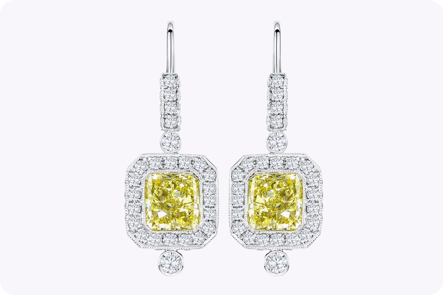 GIA Certified 3.04 Carats Total Radiant Cut Fancy Yellow Dangle Earrings in Platinum