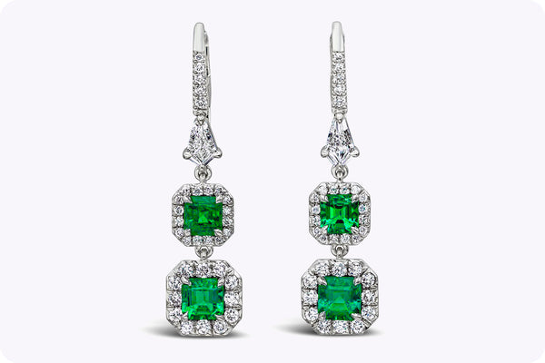 1.53 Carats Total Colombian Emerald Halo Dangle Earrings in Platinum