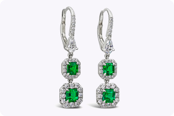 1.53 Carats Total Colombian Emerald Halo Dangle Earrings in Platinum