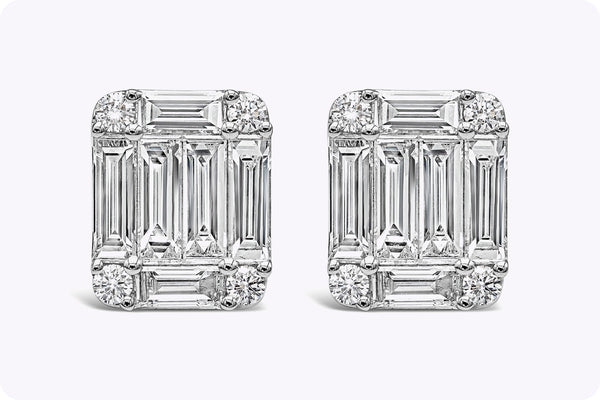 1.96 Carats Total Baguette and Round Diamond Cluster Stud Earrings in White Gold