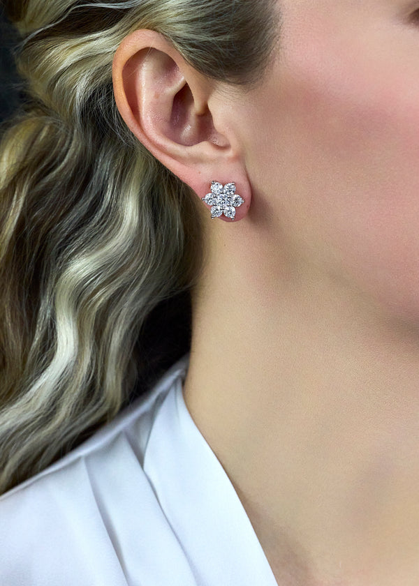 4.06 Carats Total Round Brilliant Cut Diamond Flower Stud Earrings in White Gold