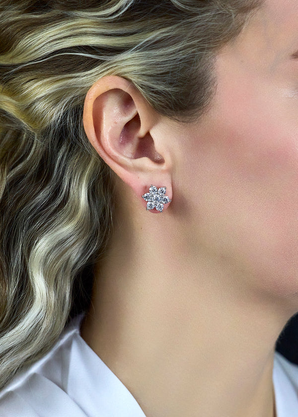 4.06 Carats Total Round Brilliant Cut Diamond Flower Stud Earrings in White Gold