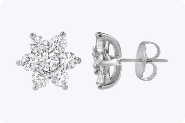 4.06 Carats Total Round Brilliant Cut Diamond Flower Stud Earrings in White Gold