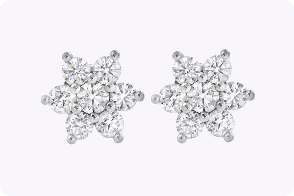 4.06 Carats Total Round Brilliant Cut Diamond Flower Stud Earrings in White Gold