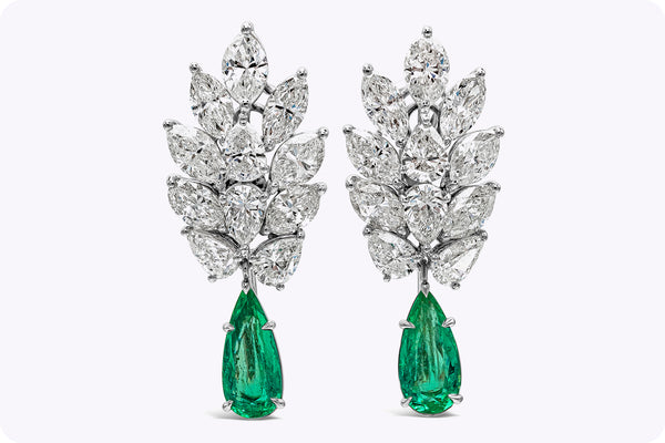 4.76 Carats Total Dangling Pear Shape Green Emerald and Diamond Dangle Earrings in White Gold and Platinum