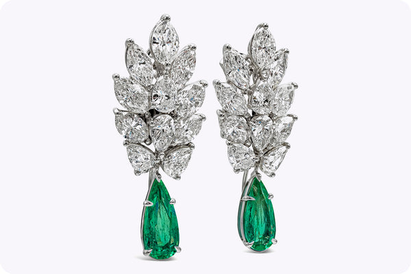 4.76 Carats Total Dangling Pear Shape Green Emerald and Diamond Dangle Earrings in White Gold and Platinum