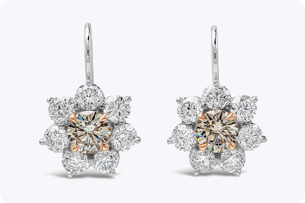 1.64 Carats Round Cut Natural Brown Diamond Halo Dangle Earrings in Rose Gold and Platinum