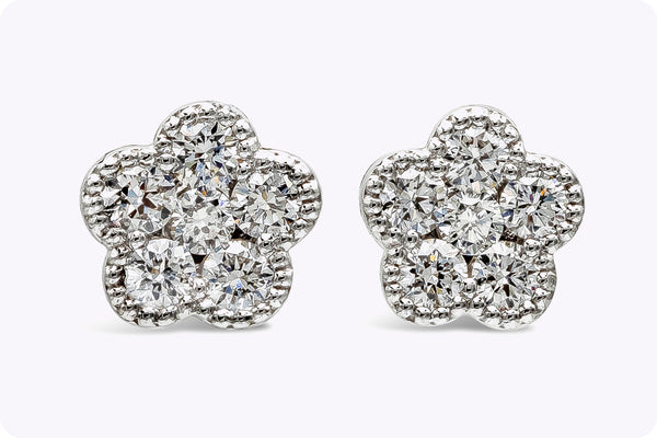 0.55 Carat Total Round Brilliant Cut Diamond Flower Stud Earrings in White Gold