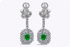 1.20 Carats Total Emerald Cut Green Emerald and Cluster Diamond Dangle Earrings in White Gold